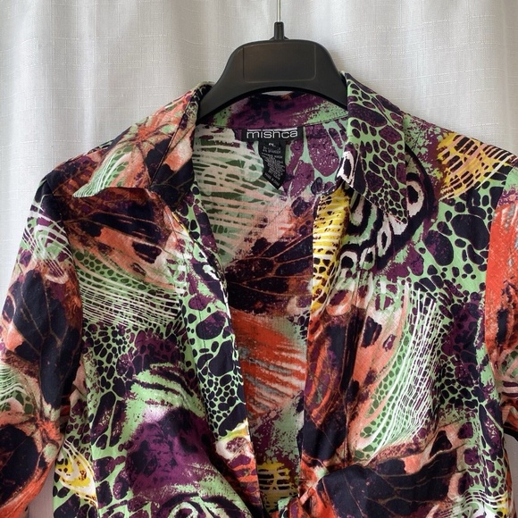 Mishca Wrap blouse Womens Petite L Colorful Abstract Tie Front Top Peplum - Picture 2 of 11